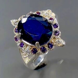 HANDCRAFTED BLUE SAPPHIRE RING, 925 STERLING SILVER, SIZE 6.5